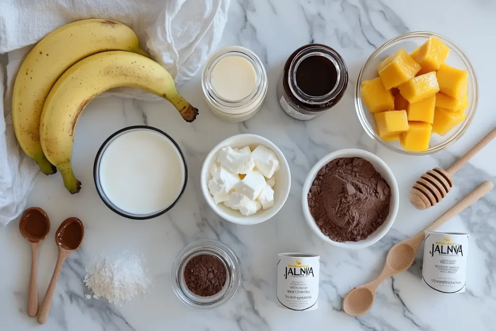 Ingredients for ninja creami recipes laid flat on marble kitchen