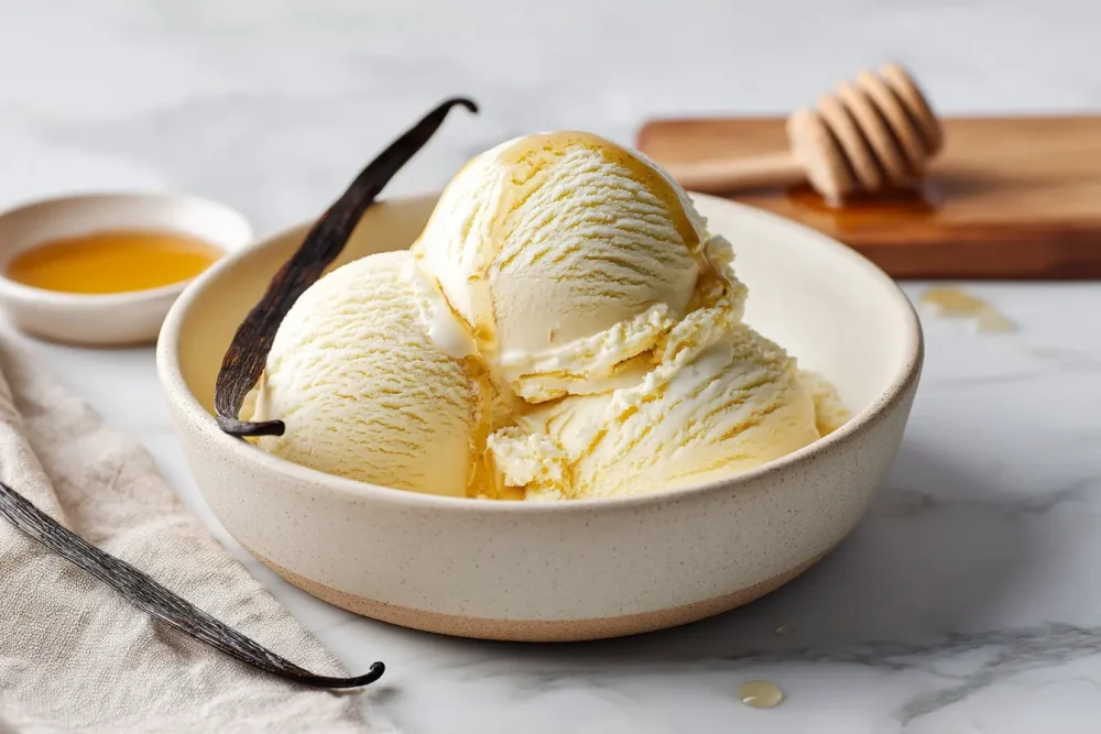 Close-up of a scoop of ninja creami vanilla ice cream recipe showing vanilla bean specks and glossy creamy texture.