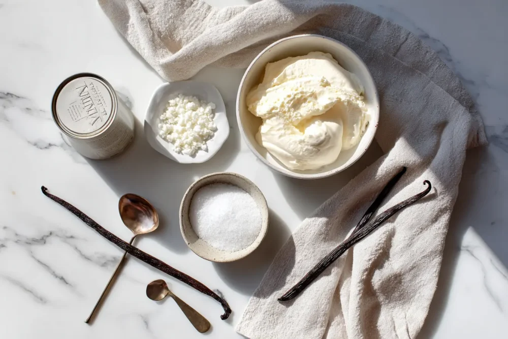 Four ingredients for ninja creami vanilla ice cream recipe laid flat on marble: coconut cream, Greek yoghurt, sugar, and vanilla bean.