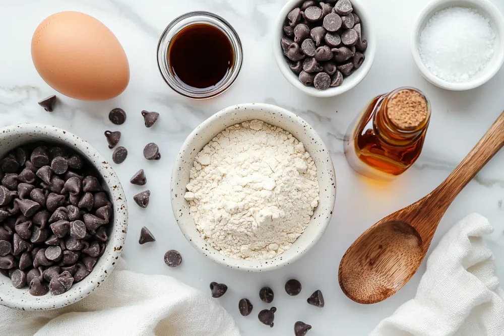 Overhead flatlay of all five ingredients for this almond flour cookie recipe on a white marble surface.

