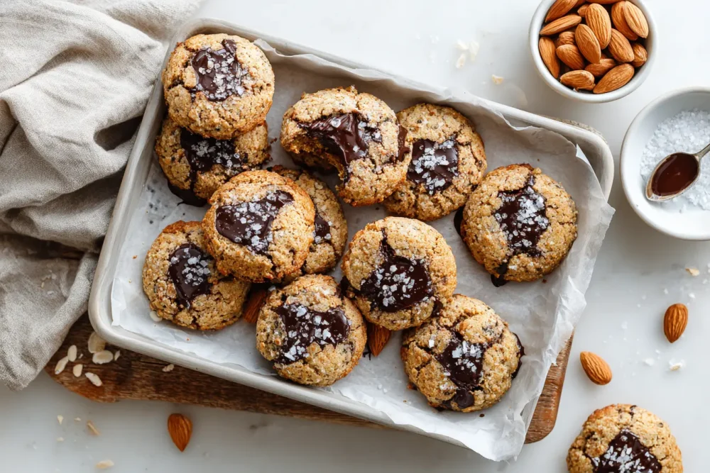  freshly baked almond flour chocolate chip cookies cooling on a white parchment lined baking tray