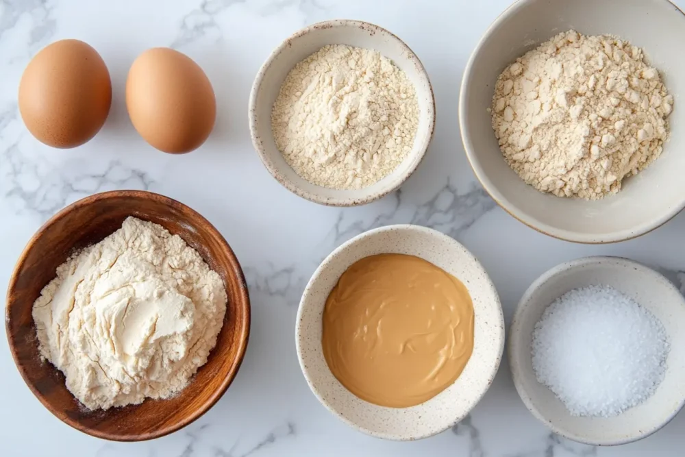 Ingredients for almond flour peanut butter cookies laid flat: almond flour, peanut butter, egg, and flaky salt on marble.