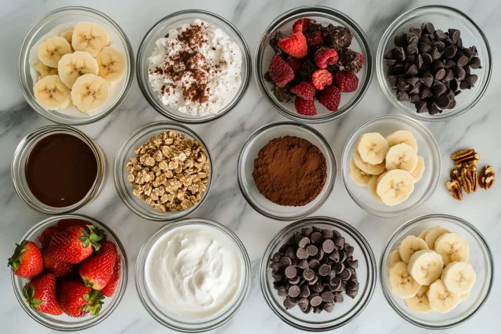 Top-down flatlay of ingredients used in best ninja creami recipes including Greek yoghurt, cottage cheese, and protein powder.