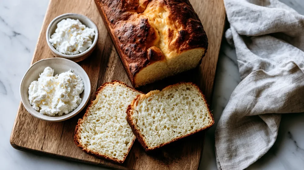 Close-up of a thick slice of bread using cottage cheese showing soft open crumb, seeded crust, and melting butter on a wood board.