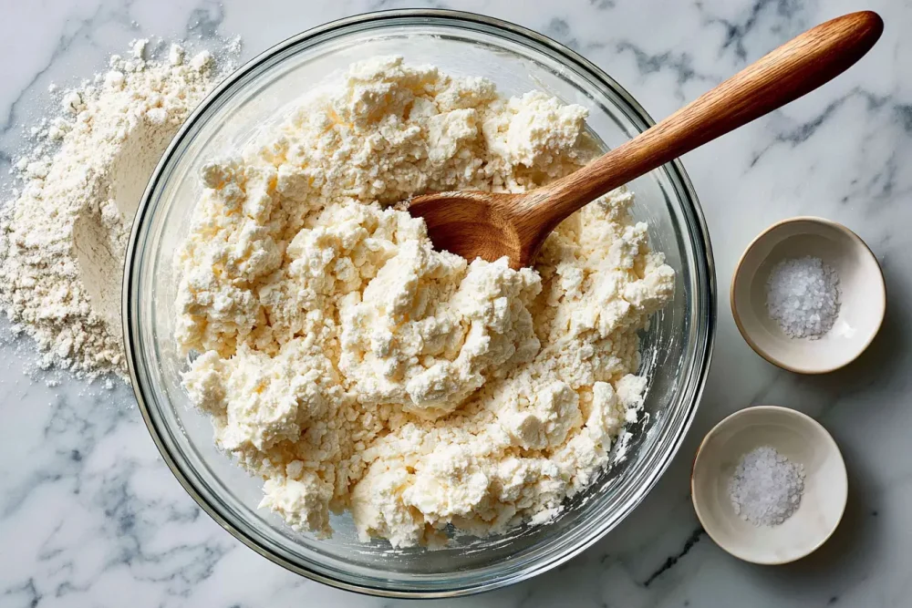 Shaggy cottage cheese bread dough in a mixing bowl