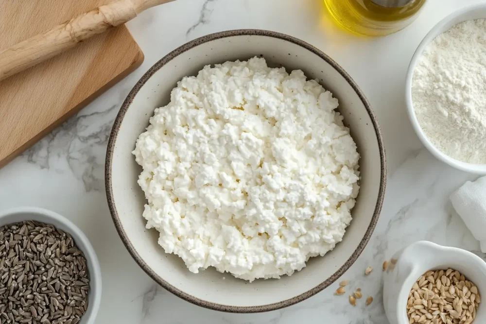 Overhead flatlay of ingredients for bread using cottage cheese including a cottage cheese tub, self-raising flour, and mixed seeds.