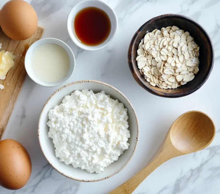 Four ingredients for cottage cheese pancakes laid out on marble: cottage cheese, rolled oats, eggs, and vanilla extract.