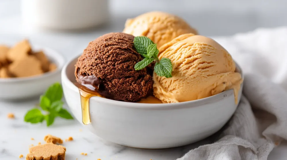 Three scoops of creami recipes served in a white ceramic bowl on a marble bench with natural morning light.