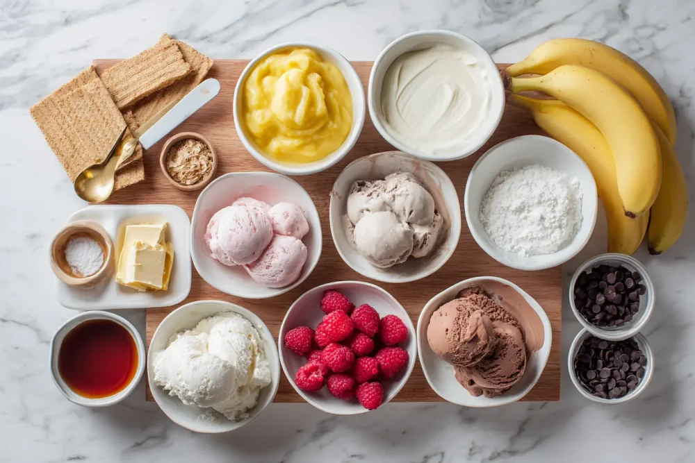 Overhead flatlay of ingredients used across 25 creami recipes including Greek yoghurt, cottage cheese, protein powder and frozen mango.