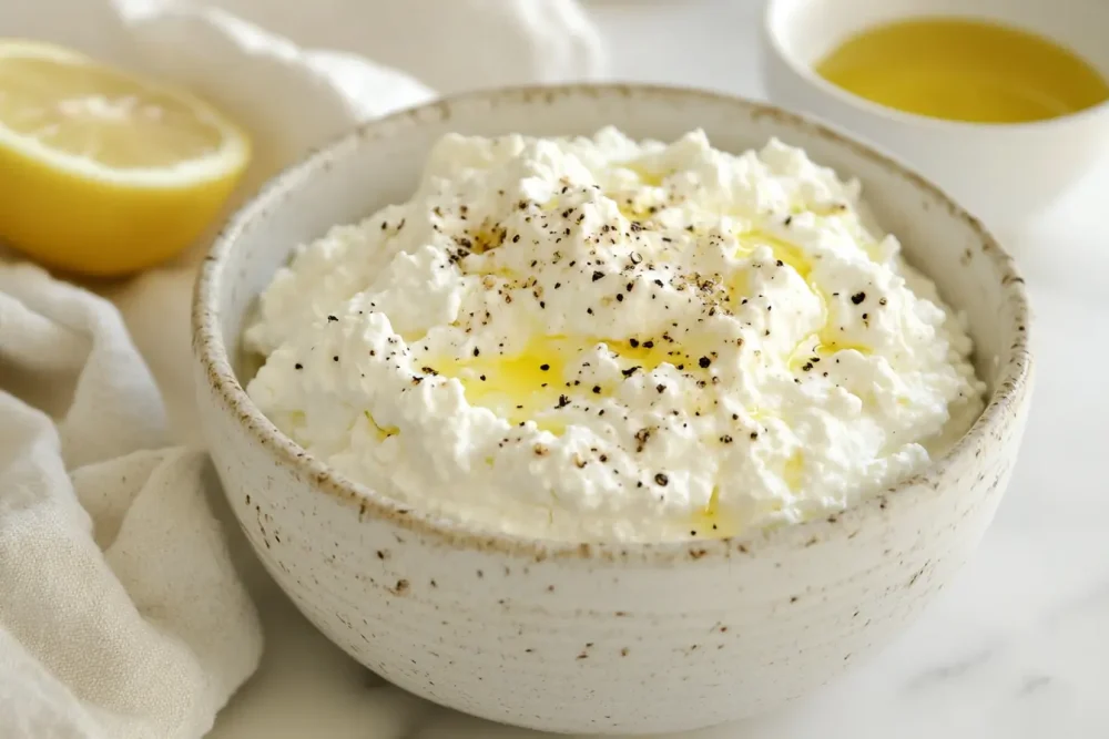 Close-up of soft homemade cottage cheese curds with olive oil and chives