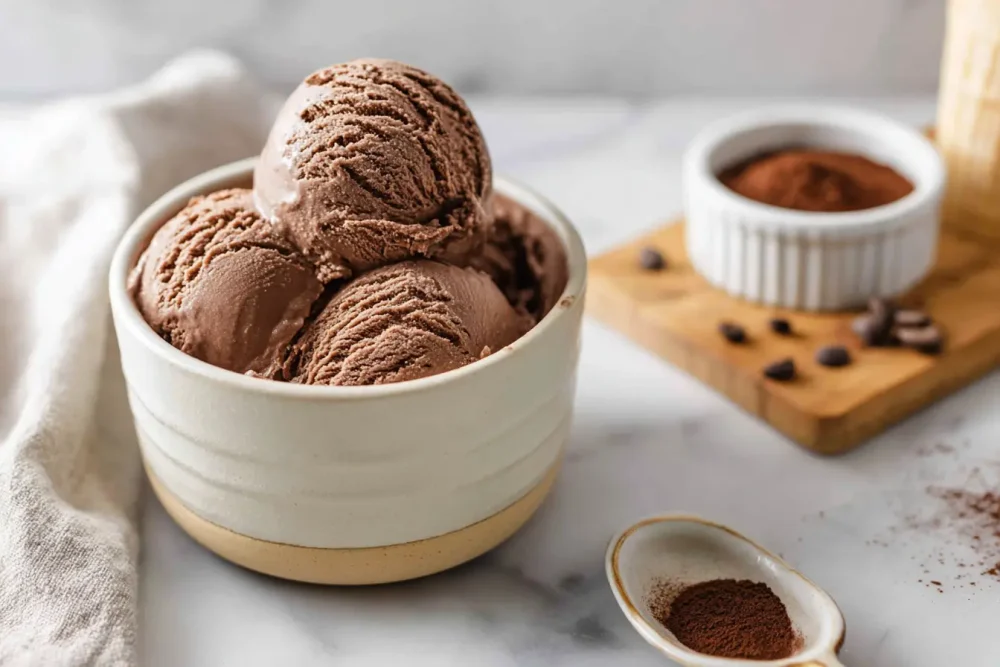 Close-up of ninja creami chocolate ice cream scooped into a cream bowl