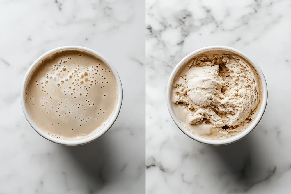 Side-by-side of a frozen ninja creami chocolate ice cream pint before and after processing in the Ninja Creami machine