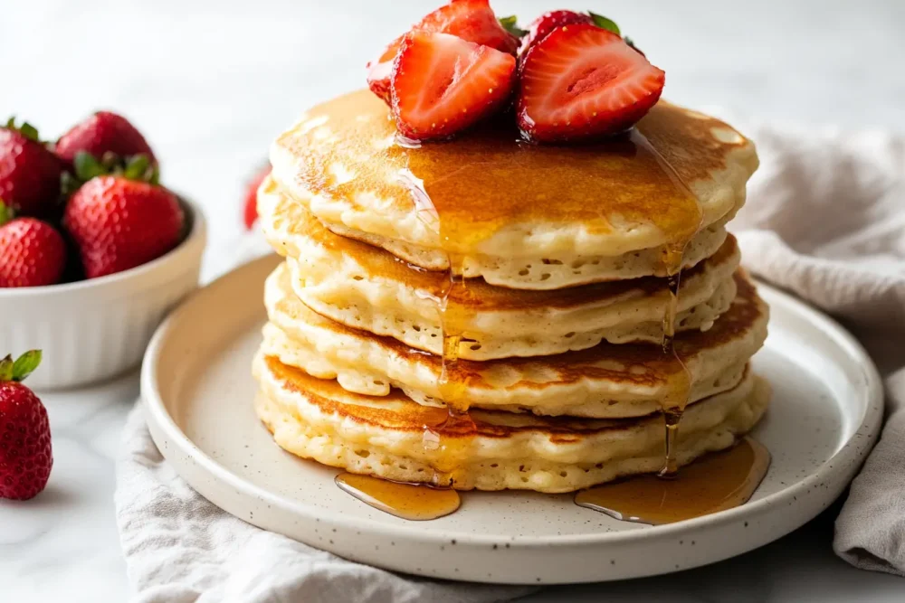 ottage cheese pancakes with fresh strawberries and maple syrup ready in about 20 minutes.