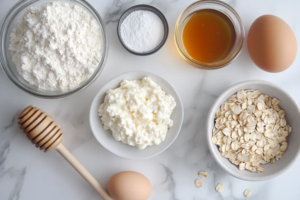 Four ingredients for cottage cheese pancakes laid out on marble: cottage cheese, rolled oats, eggs, and vanilla extract.