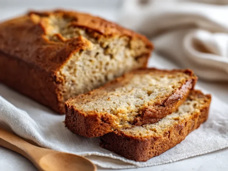 A close-up of a slice of banana bread