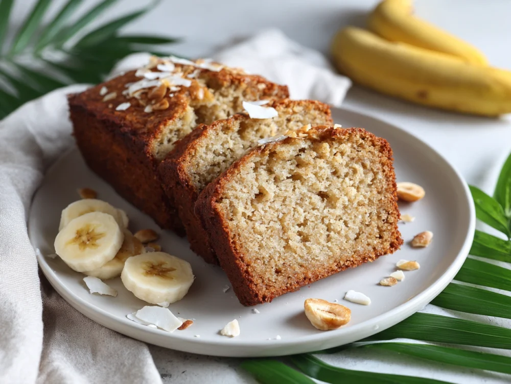 Slice of Banana Bread Maui served with coconut flakes and macadamia nuts.