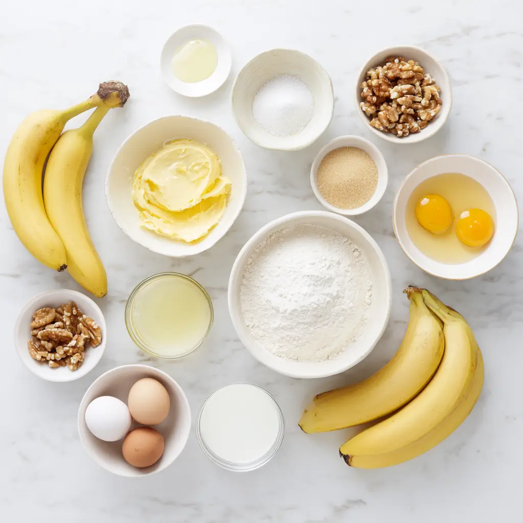 Ingredients for Grandma’s banana nut bread arranged on a kitchen counter.