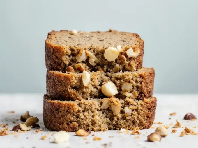 Hawaiian banana bread loaf sliced to show moist crumb with macadamia and coconut.