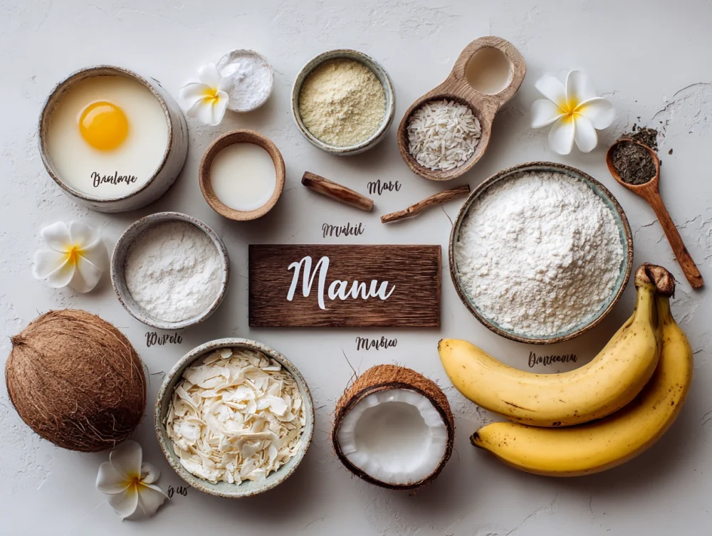 Ingredients for Banana Bread Maui arranged