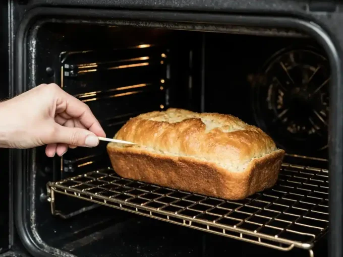 Toothpick inserted into golden loaf to test doneness.