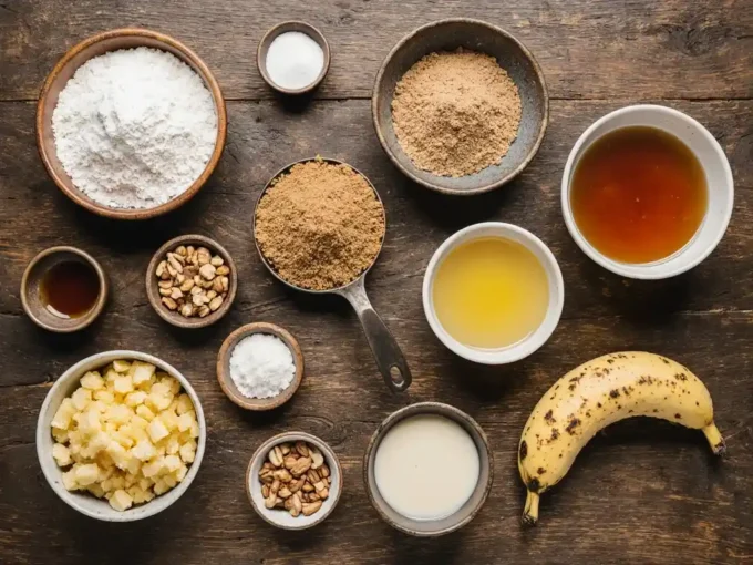 Overhead of ingredients for Hawaiian banana bread: ripe bananas, flour, sugar, eggs, butter, macadamia nuts, coconut, pineapple.