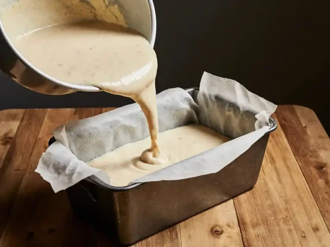 loaf pan with parchment sling while batter is being poured in.