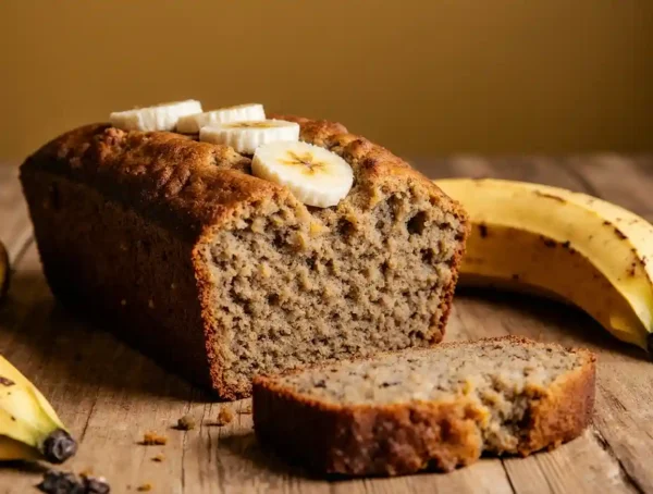 A close-up of a slice of banana bread topped with a bananas
