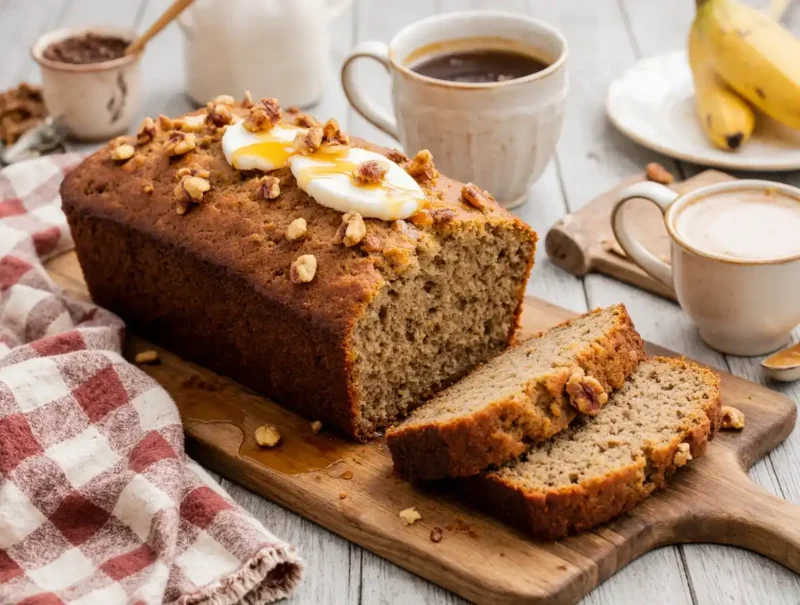 Slices of banana nut bread on a wood with coffee.