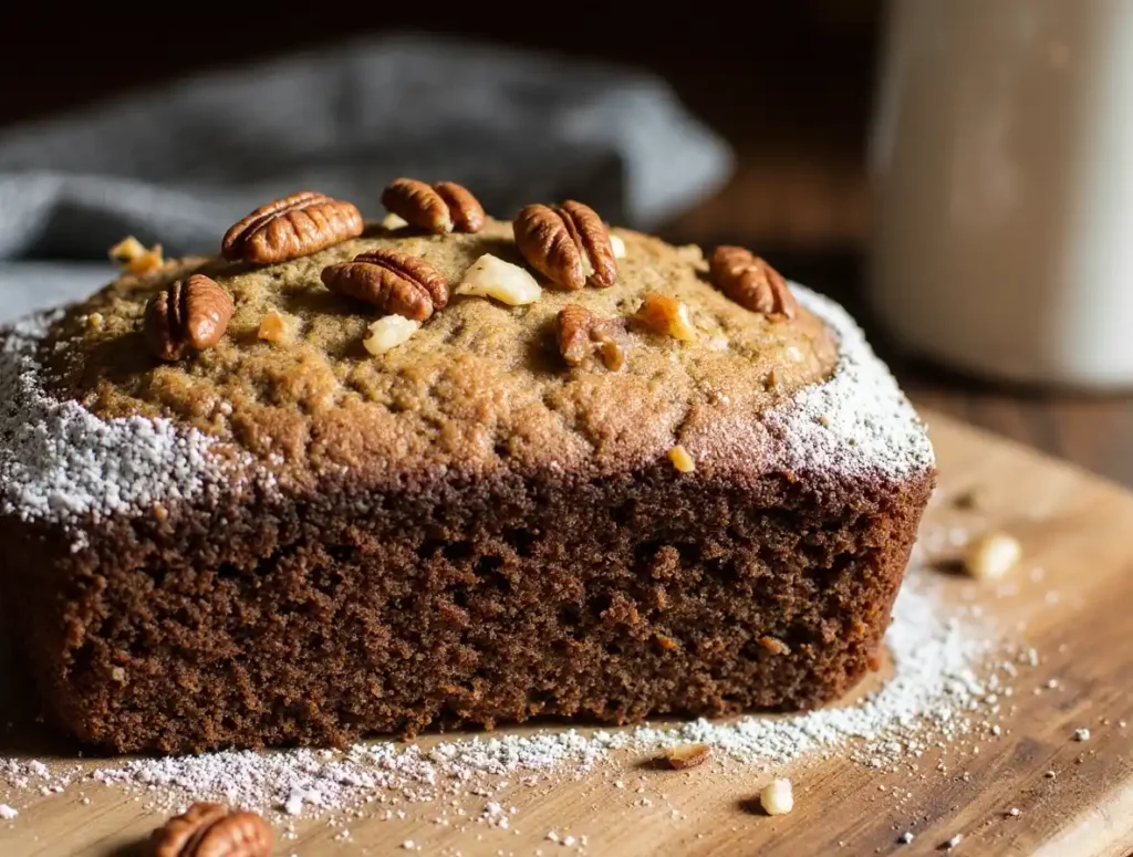 Golden brown banana nut bread loaf fresh out of the oven.