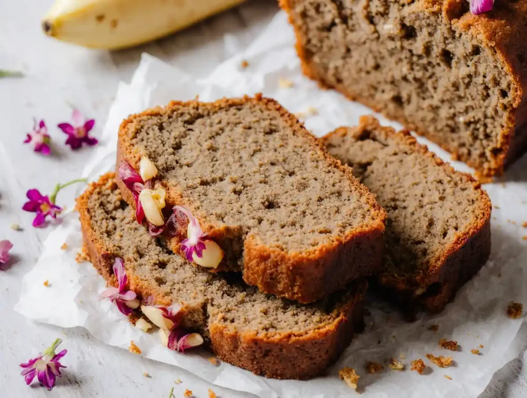 A plate of Hawaiian banana bread slices garnished with fresh nuts.