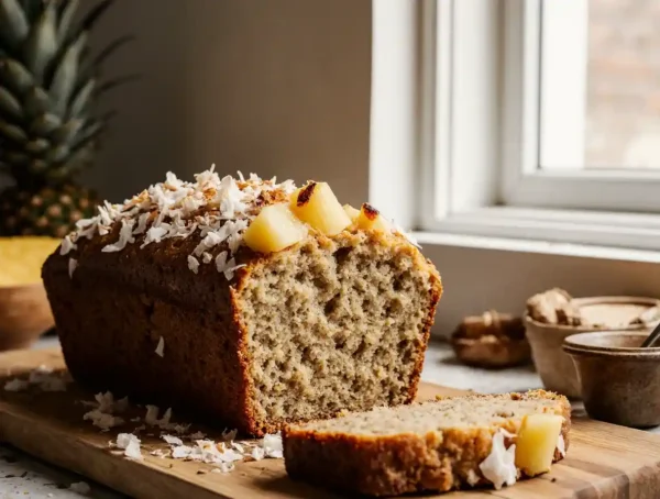 A slice of Hawaiian banana bread topped with coconut flakes and ananas .