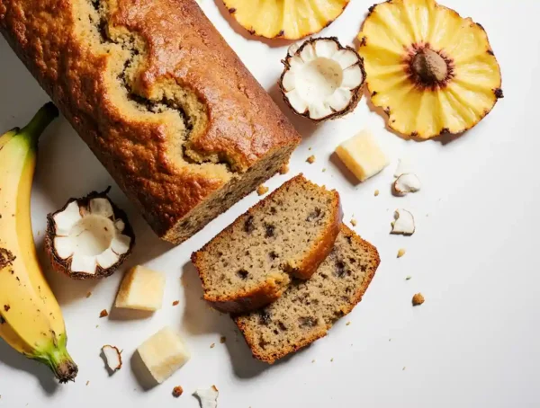 A serving of Maui banana bread garnished with fresh fruit and nuts.