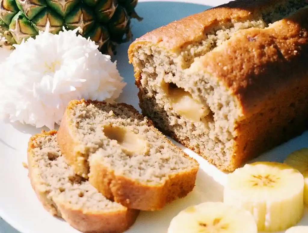 A freshly baked loaf of Maui banana bread cooling on a countertop