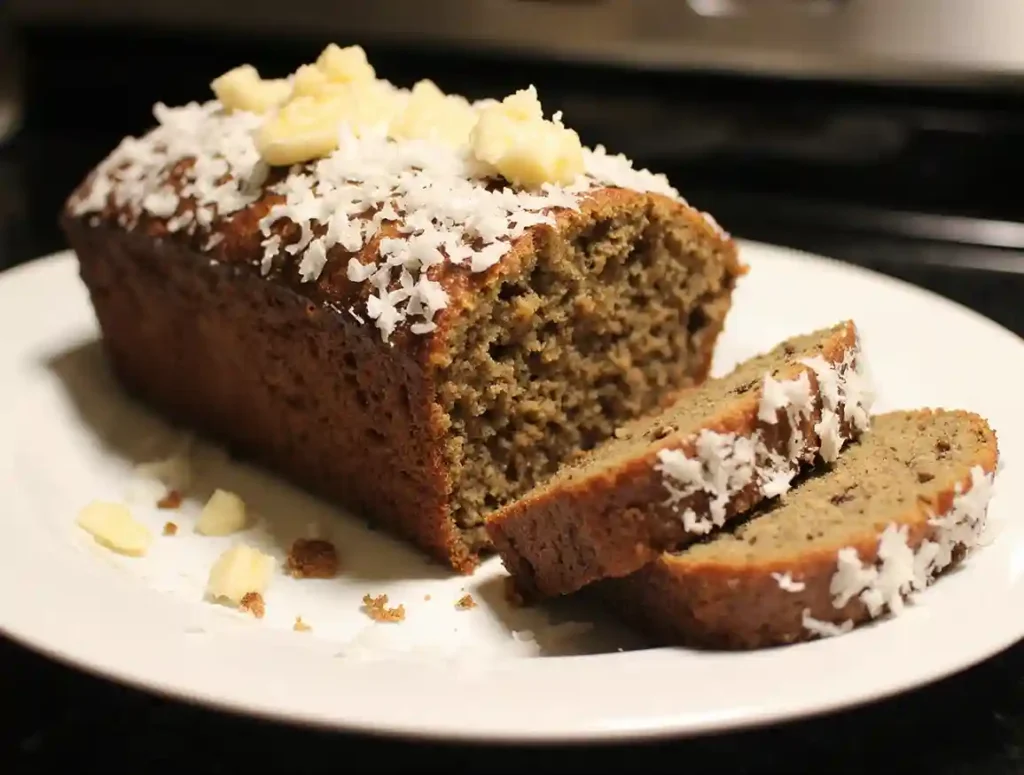 A slice of Maui banana bread topped with macadamia nuts and coconut flakes.