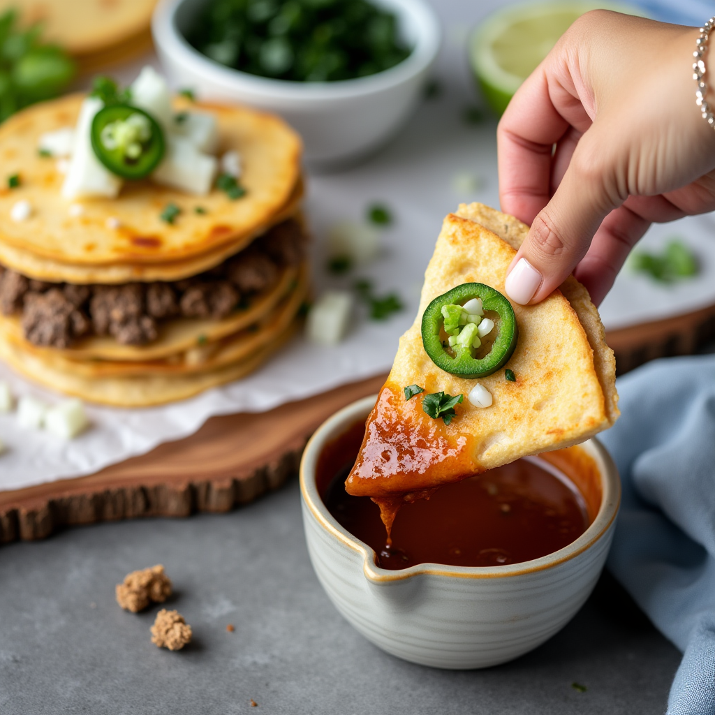 Birria quesadilla served with consommé dip on the side