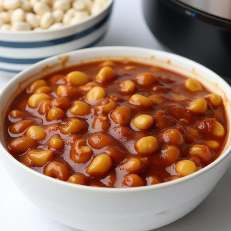 Instant Pot Baked Beans in a white bowl