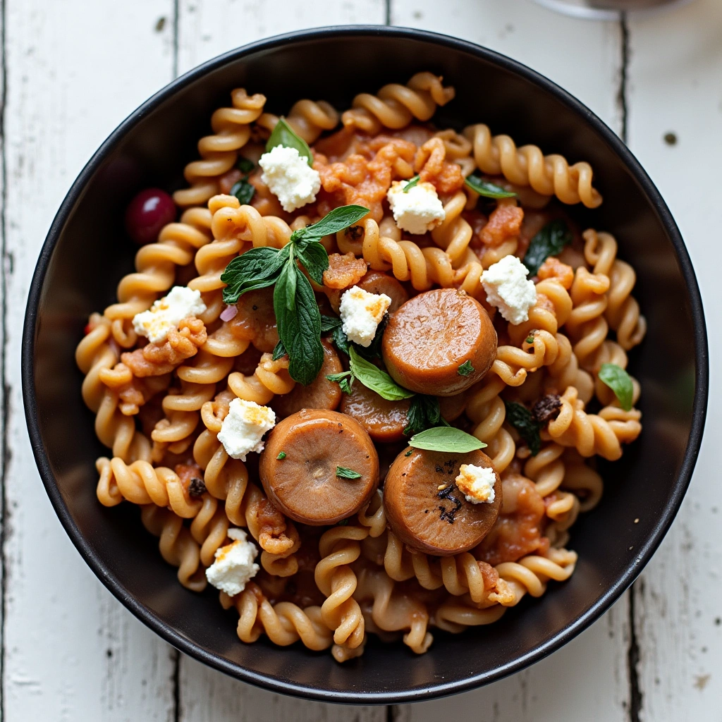 Plate of fusilli pasta with sausage