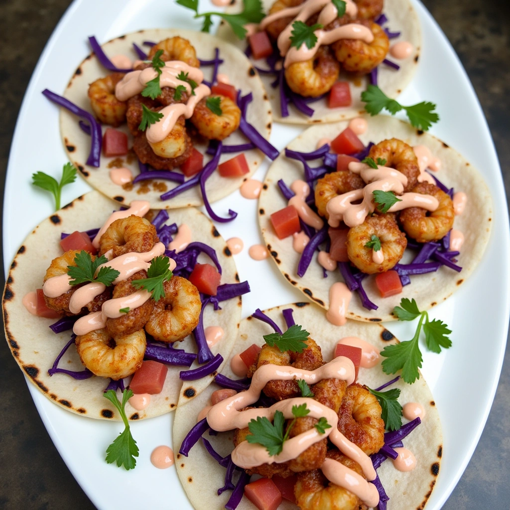 fried shrimp tacos topped with fresh slaw