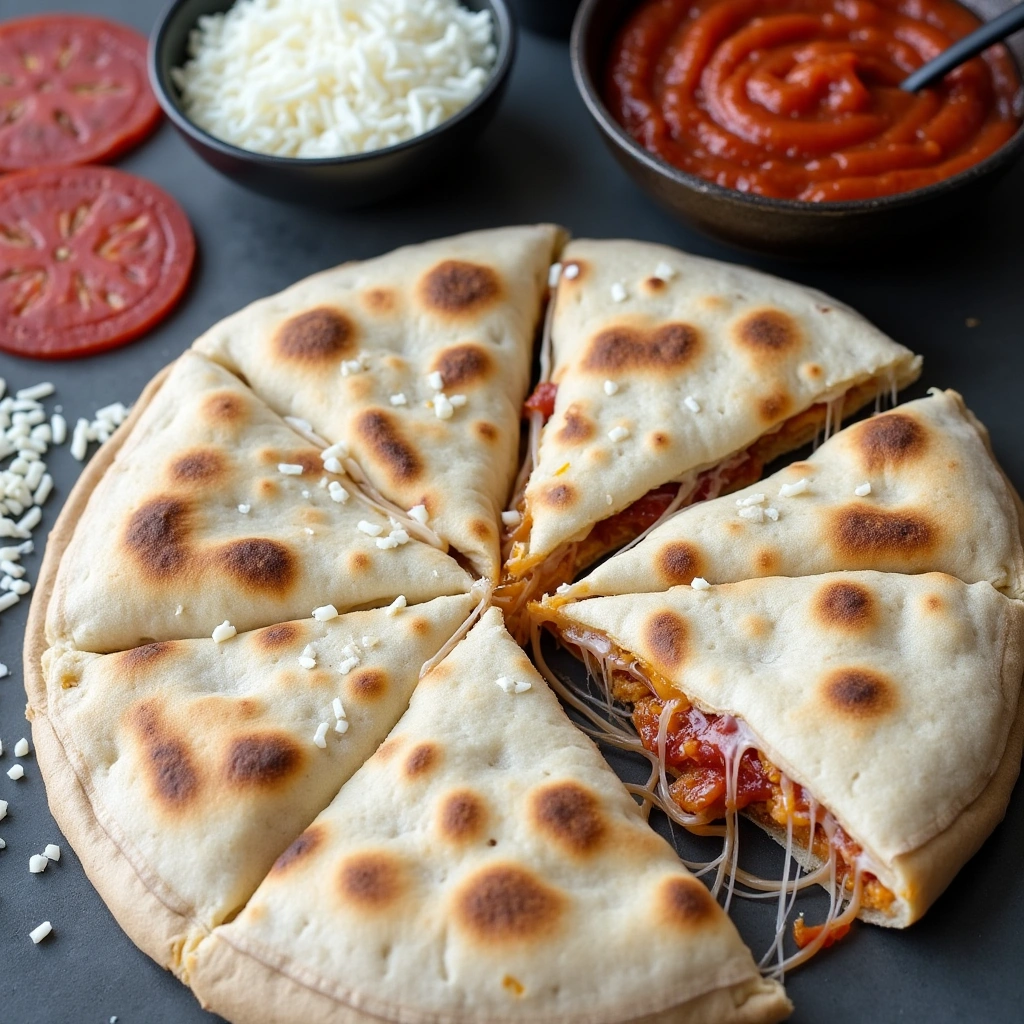 Pizza Quesadilla with melted cheese and pepperoni 