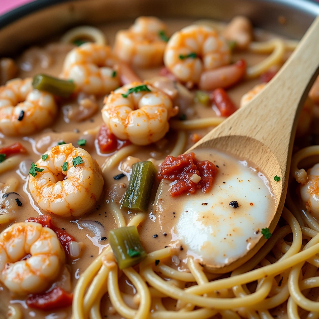 Delicious Cajun shrimp pasta with creamy sauce and Cajun spice