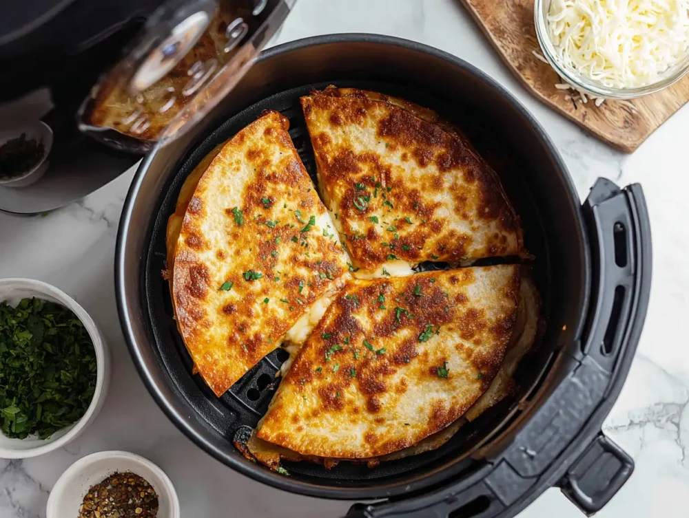 Close-up of a perfectly cooked air fryer breakfast  quesadilla