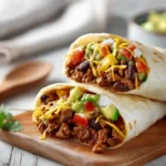 Beef and Bean Burrito with cheese and fresh toppings