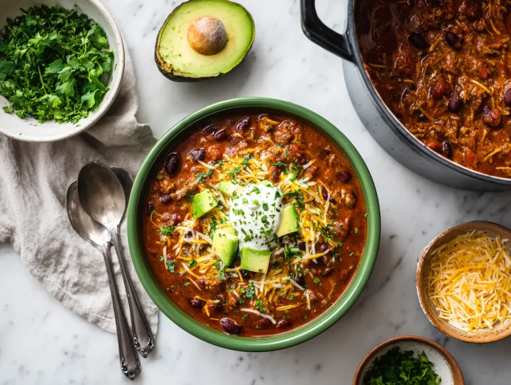 Bowl of Beef and Bean Taco Chili with avocado