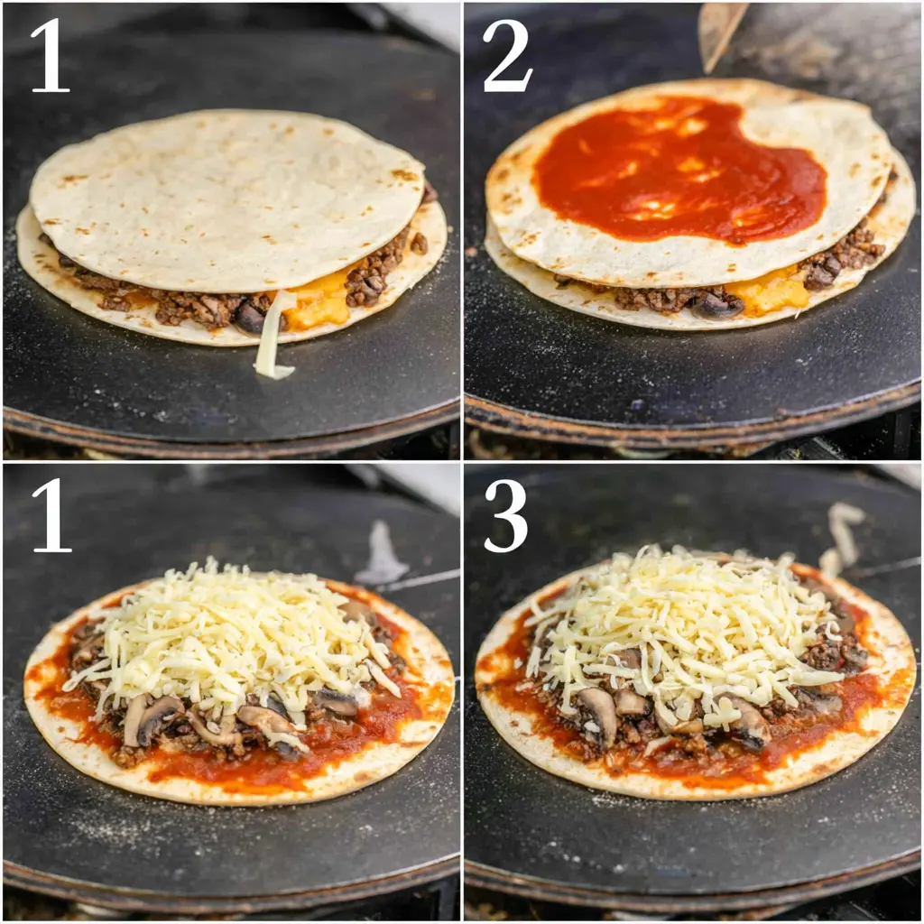 cooking Blackstone Pizza Quesadilla in two sides 