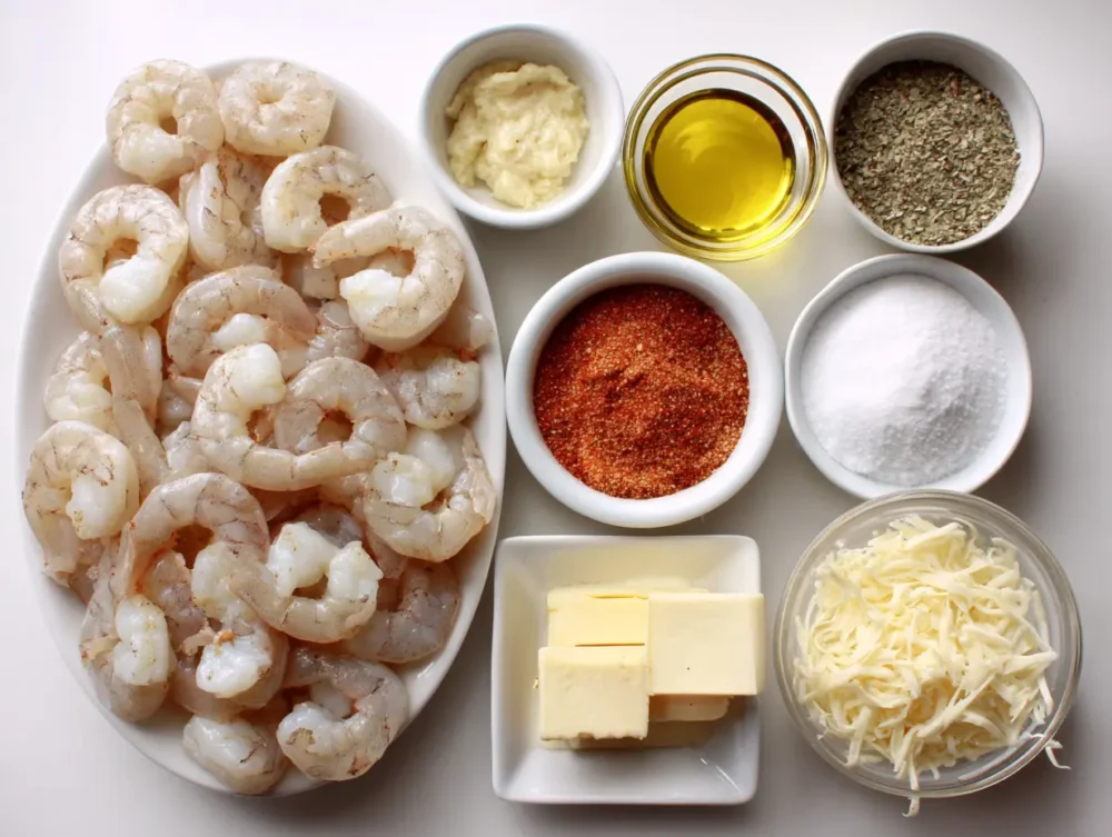 Ingredients of creamy plate of Cajun Shrimp Pasta Alfredo