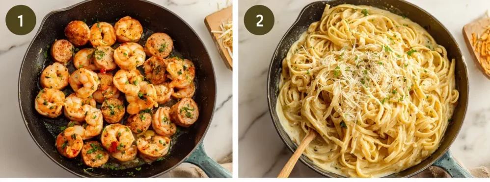 preparing Cajun Shrimp Pasta with Beef Sausage