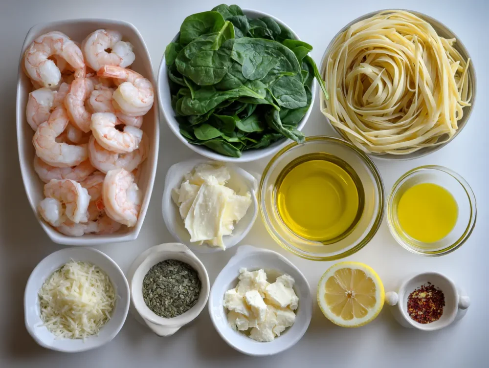 ingredients of Cajun Shrimp Pasta with Spinach