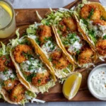 fried shrimp tacos topped with fresh slaw