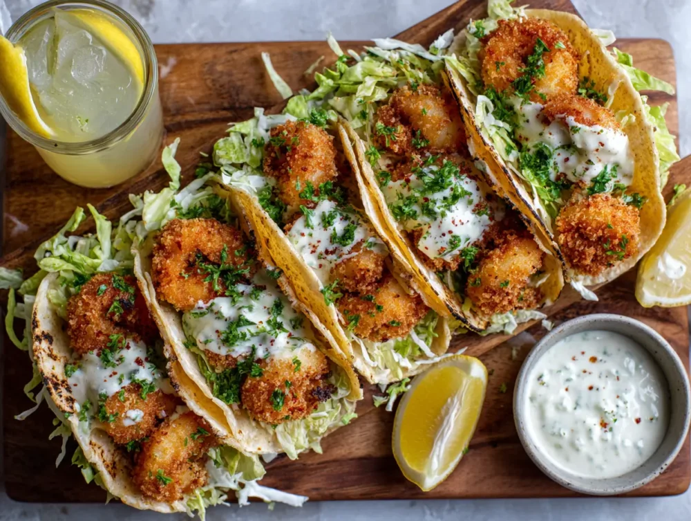 fried shrimp tacos topped with fresh slaw