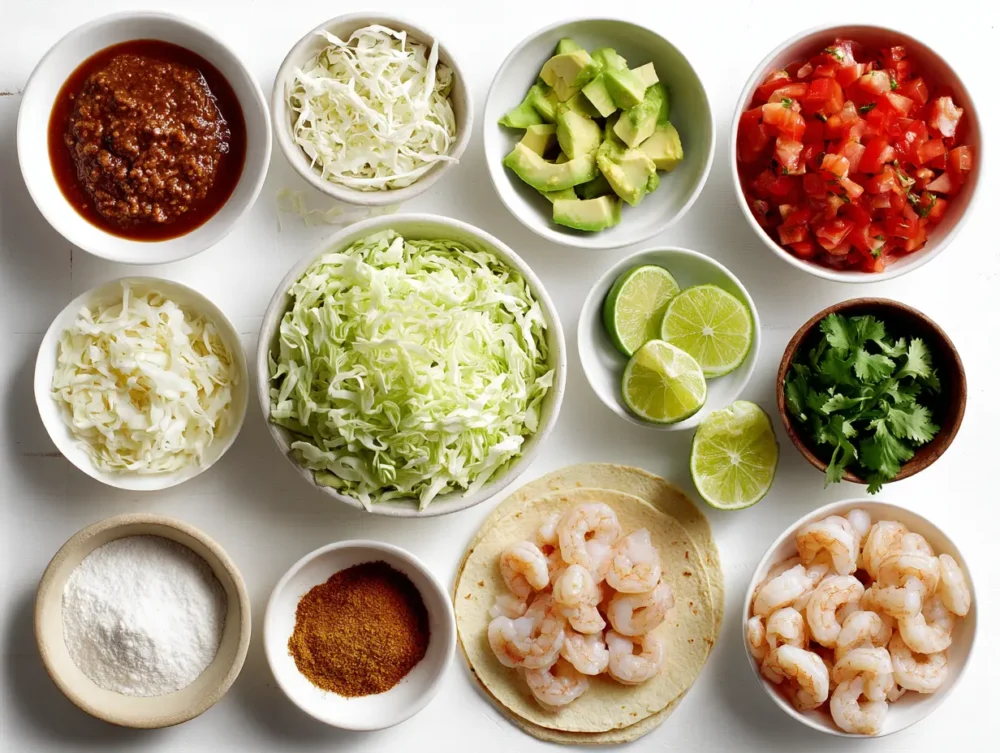 Ingredients of fried shrimp tacos